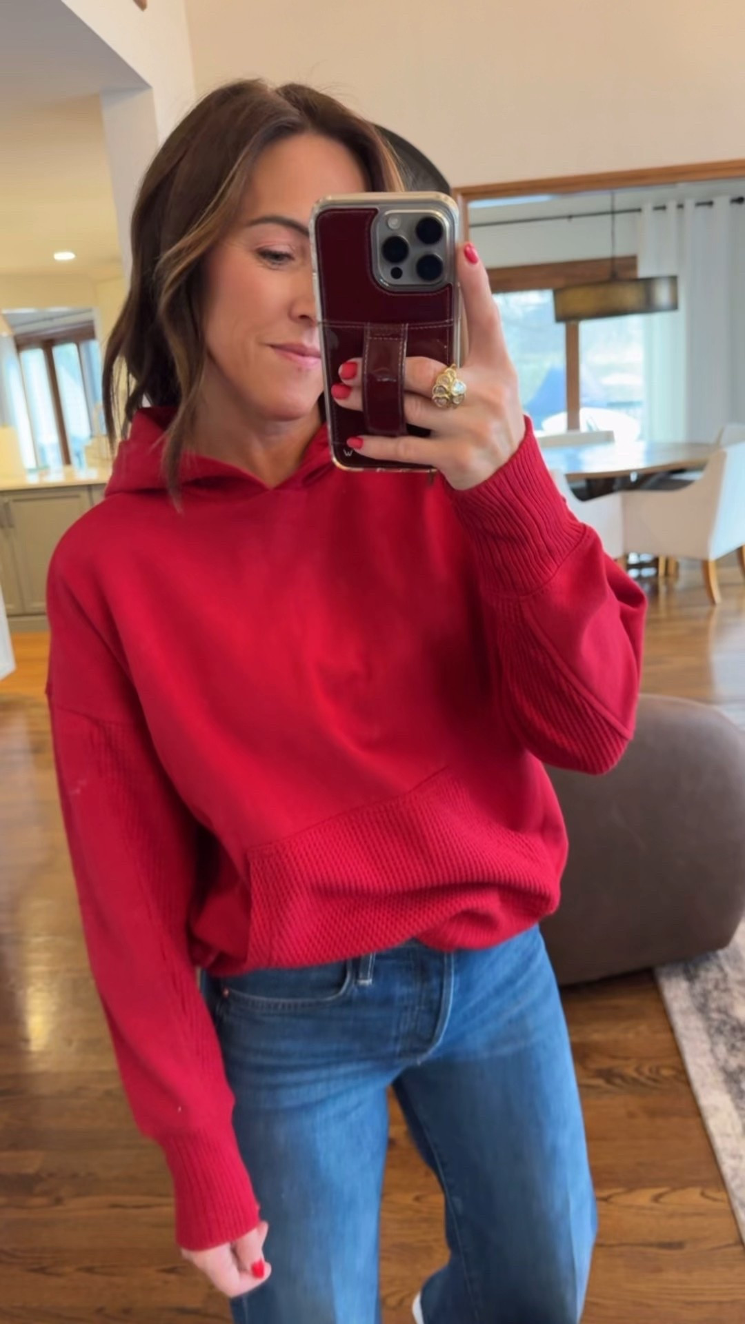 Love the waffle texture on the front pocket and sleeves. 
Size small here. Sizing up to a M

Jeans tts, 25 regular 

#LTKSeasonal #LTKootd