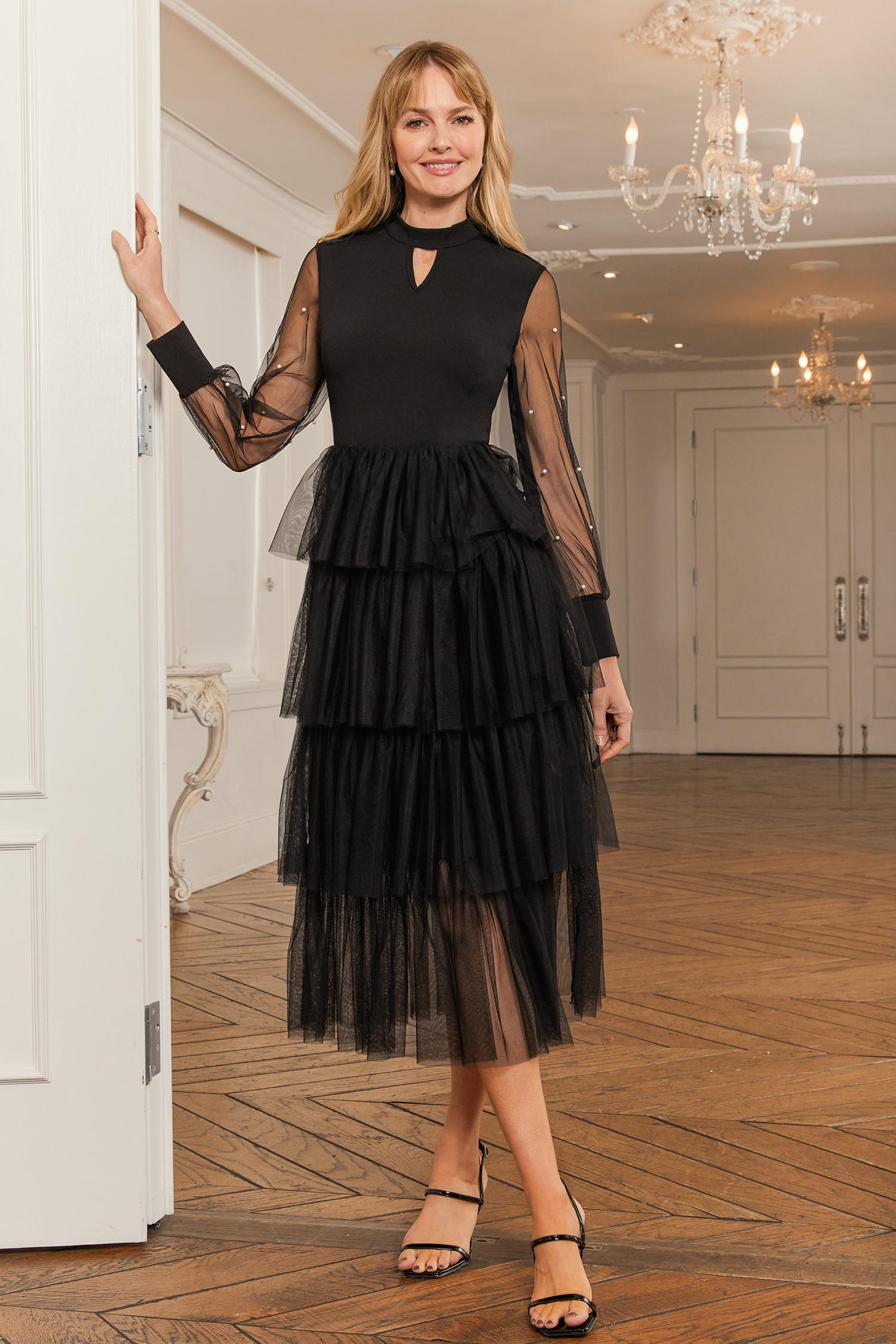 Black High Neck Sheer Sleeve Tiered Mesh Midi Dress | Cupshe US