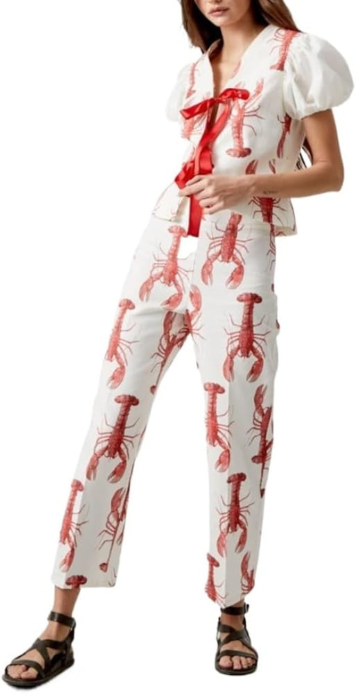 Women Y2k 2 Piece Outfits Tie Front Pajamas Set Puff Short Sleeve Lobster Print Lace Up Tops with... | Amazon (US)