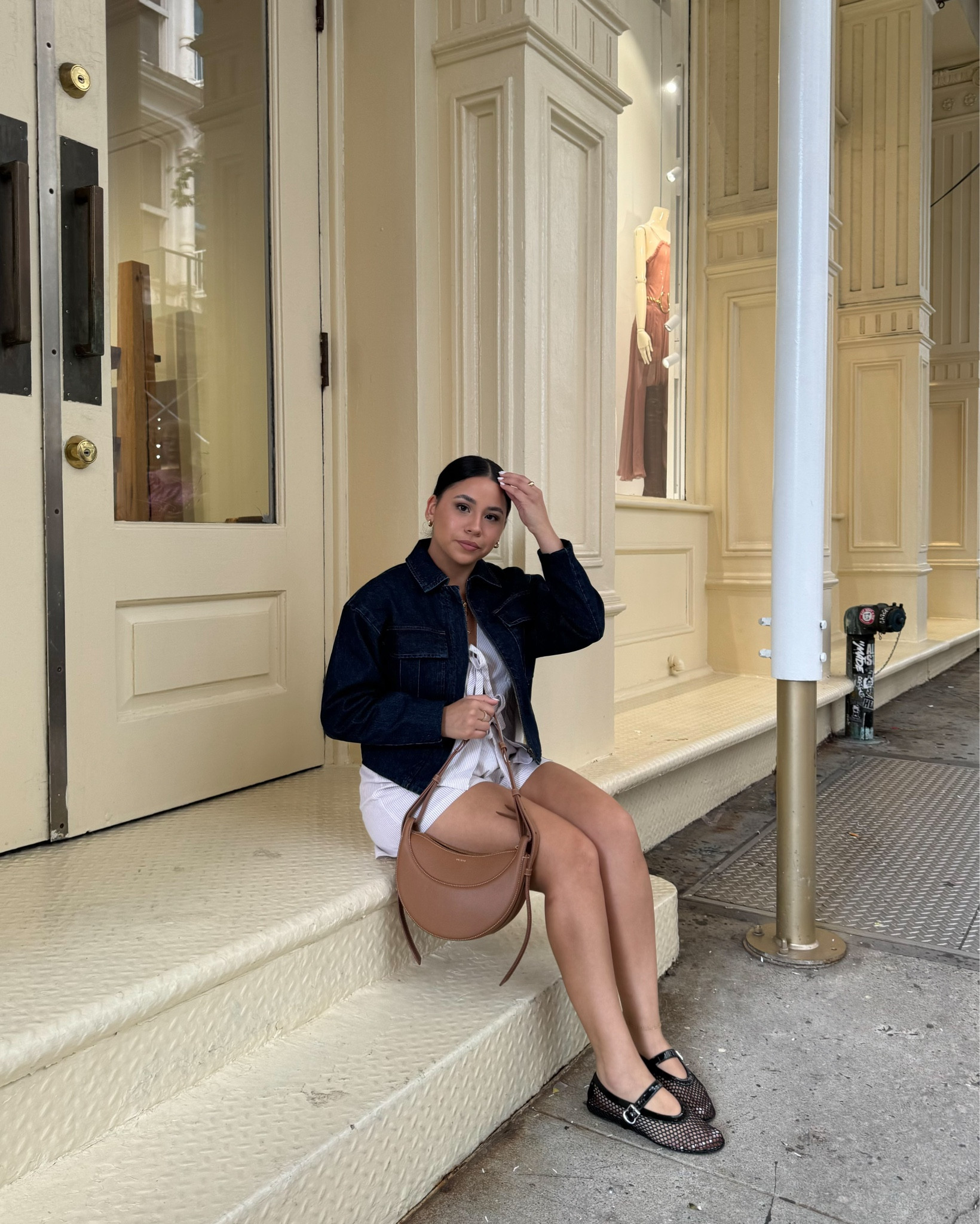 NYC shopping outfit idea 
Tie front matching short set: small 
Denim box cropped jacket: xs 
Mesh ballet flats: 6.5 
Polene bag 

#LTKFindsUnder100 #LTKNYFW #LTKStyleTip