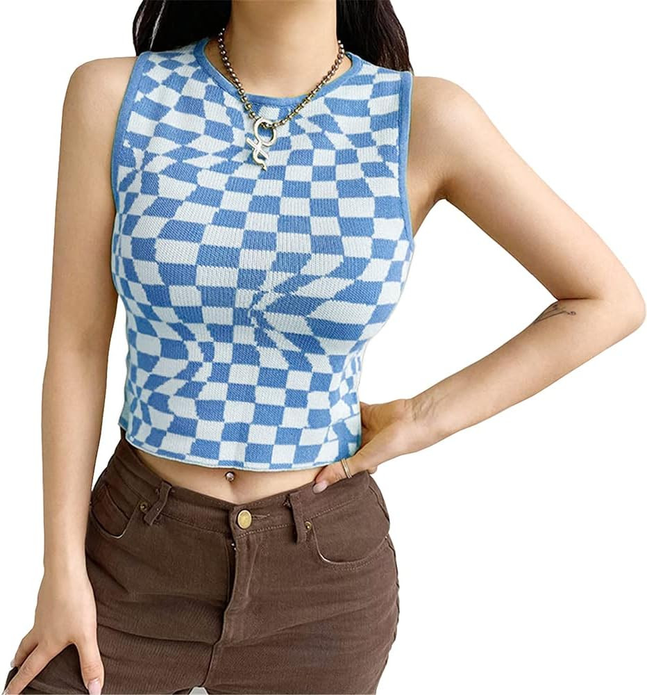Women's Plaid Printed Sleeveless O Neck Camisole Harajuku Vintage Knitted Cropped Tank Top | Amazon (US)