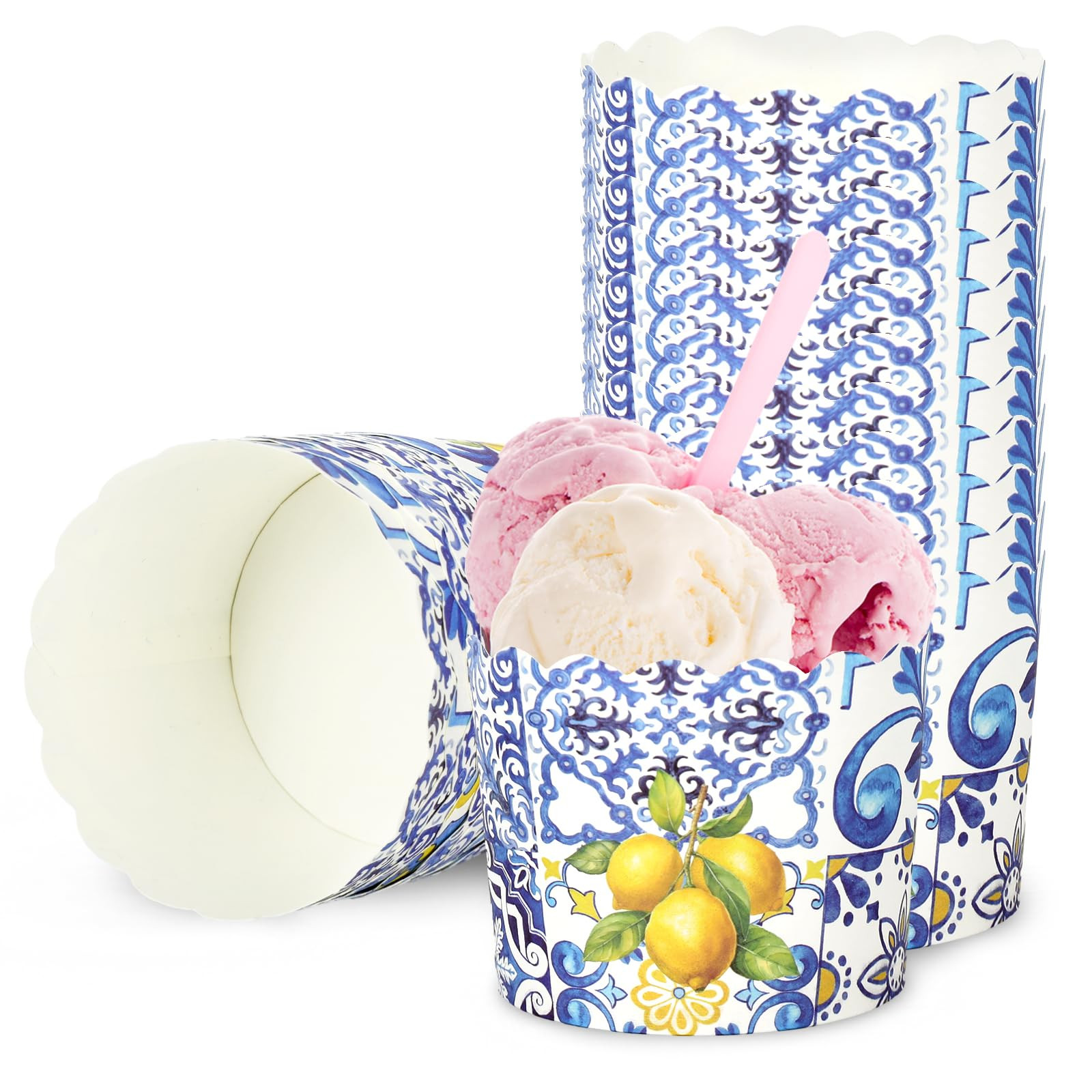 100Pcs Blue Tile Lemon Paper Baking Cups Yellow Blue Lemon Cupcake Wrappers Scalloped Edge Cupcak... | Amazon (US)