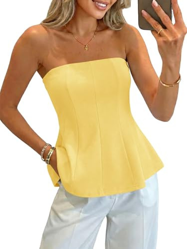 Womens Peplum Tube Tops Ruffle Summer Casual Bandeau Tank Tops Strapless Going Out Flowy Vacation Bustier Shirts Light Yellow | Amazon (US)