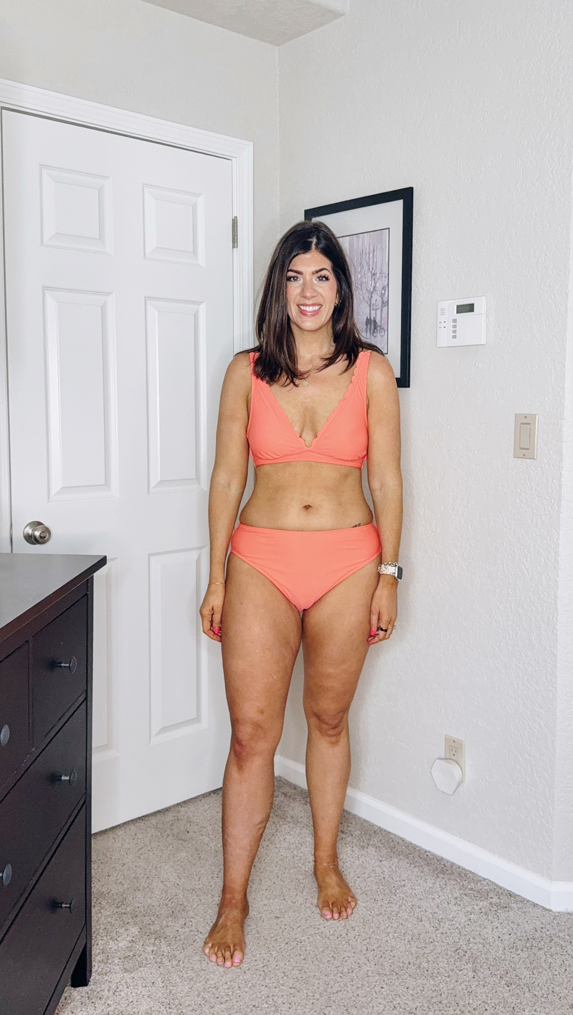 In a medium scalloped swim top
In a large mid-rise bikini bottom 

#LTKSwim #LTKMidsize #LTKFindsUnder50