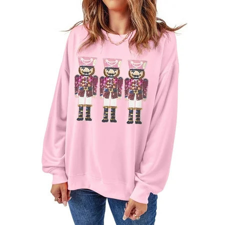 Women's Pink Christmas Nutcracker Graphic Pullover Sweatshirt with Sequins | [ZhiHiMeRi] | (US 20-22)2XL | Walmart (US)