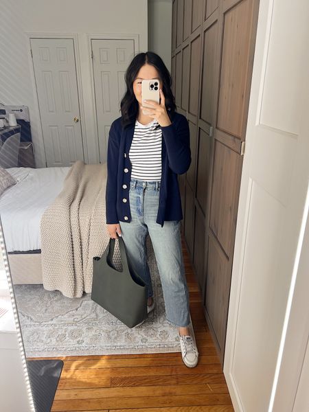 Navy cardigan (XS)
Striped t-shirt (XS)
High waisted straight jeans (27P)
Olive green tote bag
White sneakers (TTS)
Casual outfit
Spring outfit
Weekend outfit
Mom outfit
Loft outfit
Petite jeans
Petite outfit

#LTKstyletip #LTKfindsunder50 #LTKSeasonal