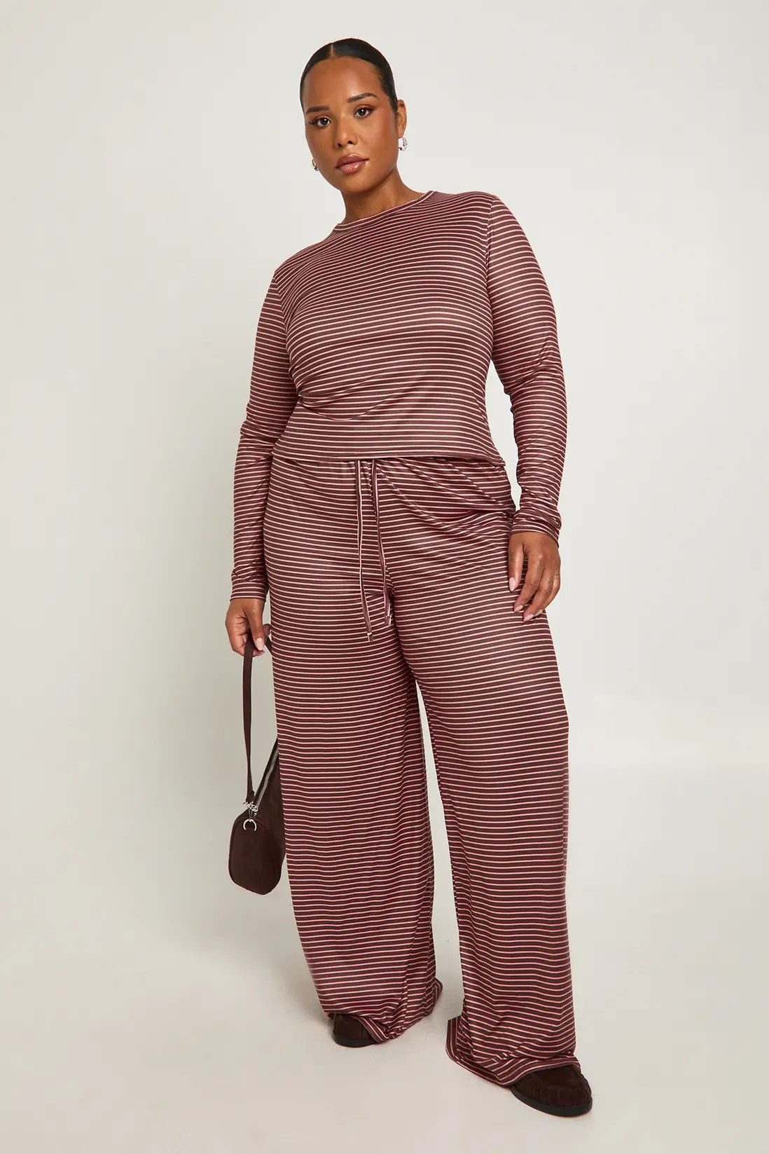 Chocolate boohoo Plus Stripe Long Sleeve Fitted Top And Wide Leg Trouser | PrettyLittleThing USA | PrettyLittleThing US