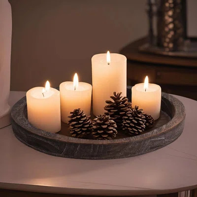 2 Pcs Wood Candle Holder Serving Tray Round Rustic Wooden Decorative Trays for Coffee Table Home Centerpiece | Wayfair North America