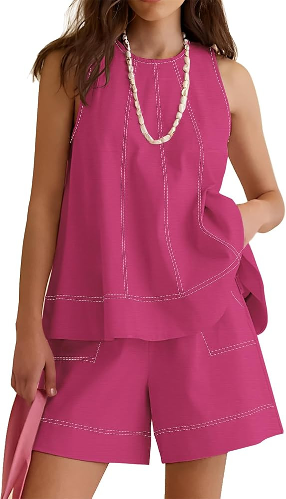 Rapbin Women Two Piece Short Set Drawstring Elastic Waist Pants Round Neck Tank Tops Comfy Sweats... | Amazon (US)