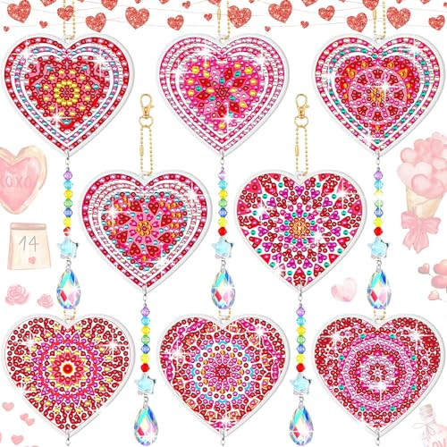 Chitidr 8 Pcs Valentine's Day Diamond Art Kits 5D DIY Heart Diamond Art Hanging Ornaments Valentine Double Sided Wind Chimes Tags with Crystal Pendant for Home Decor | Amazon (US)