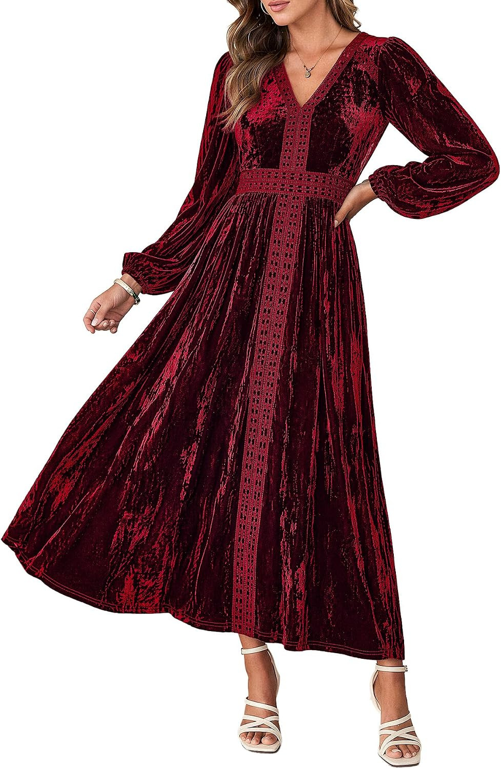 Womens Velvet Long Sleeve V Neck Cocktail Party Midi Dress | Amazon (US)