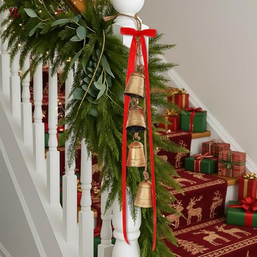 Civaner Giant Christmas Vintage Bells with 30" Velvet Bow Jumbo Xmas Tree Ornament Set of 4" x 3" x 29" Large Decorative Bell with Bow Jute Hanging Rope for Christmas Door Home DIY Craft (Red) | Amazon (US)