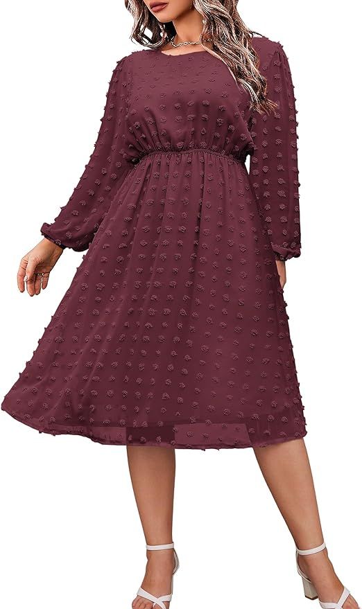 IN'VOLAND Women's Plus Size Swiss Dot Dress Long Sleeve V Neck Chiffon Dress Flowy Ruffle Babydol... | Amazon (US)