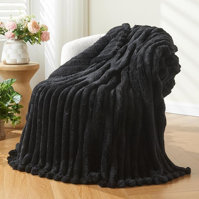 NEWCOSPLAY Super Soft Throw Blanket Black Premium Silky Flannel Fleece 3D Ribbed Jacquard Lightwe... | Amazon (US)