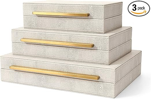 Kingflux Faux Ivory Shagreen Leather Set of 3 Pcs Decorative Boxes, Storage Boxes Jewelry Organiz... | Amazon (US)