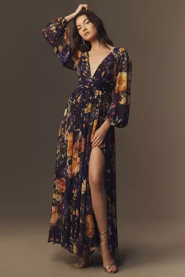 BHLDN Mae Long-Sleeve V-Neck Chiffon Maxi Dress | Anthropologie (US)