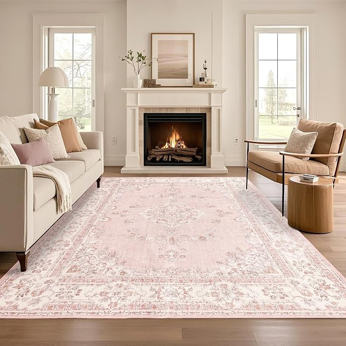 Pink 9x12 Rug for Living Room: Oriental Soft Washable Area Rug for Bedroom Non-Shedding - Low Pil... | Amazon (US)