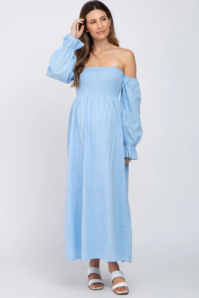 Light Blue Linen Smocked Square Neck Short Puff Sleeve Maternity Midi Dress | PinkBlush Maternity