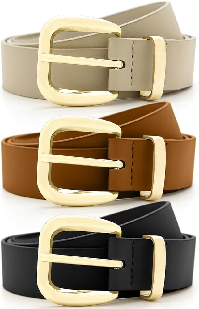 Women Leather Belt for Dresses Jeans Pants Vintage Chic Fashion Waist Belt with Golden Buckle | Amazon (US)