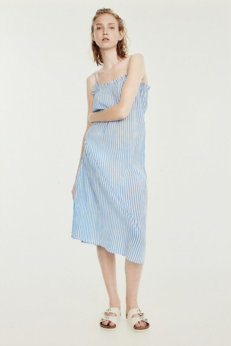 Ruffle-trimmed Cotton Dress - Sleeveless - Long - Blue/striped - Ladies | H&M US | H&M (US + CA)
