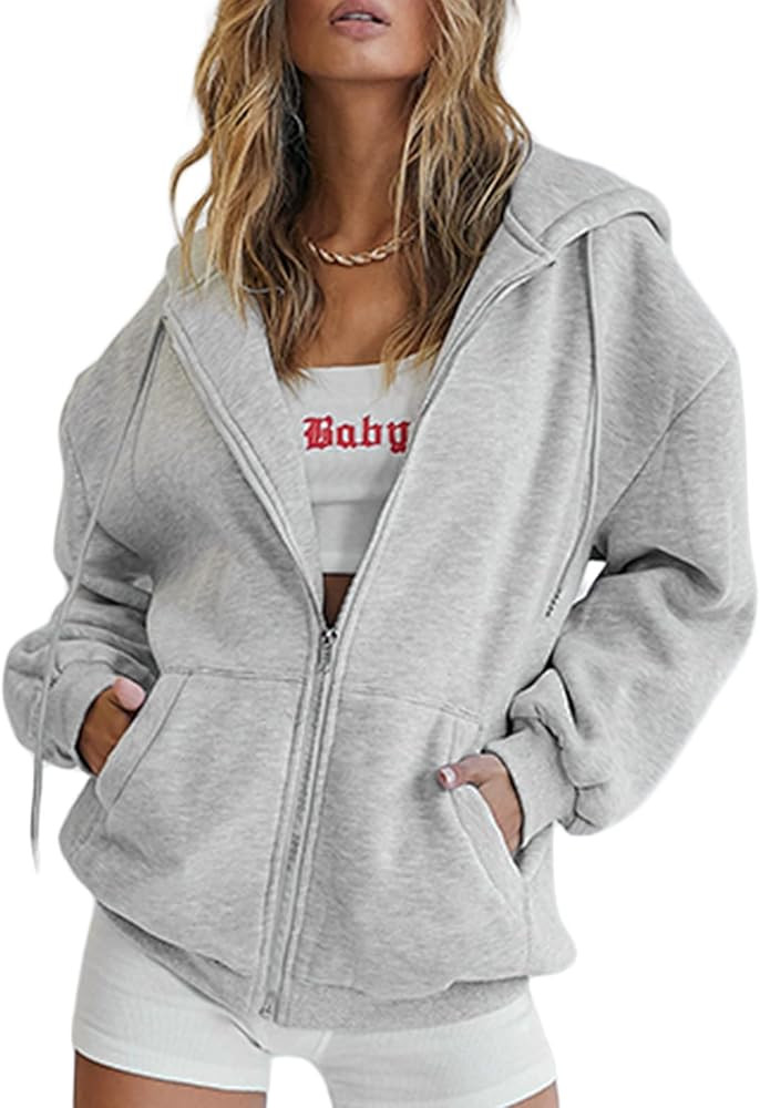 Womens Oversized Zip Up Hoodie Y2K Jacket Baggy Loose Basic Zipper Hooded Sweatshirt Coat | Amazon (US)