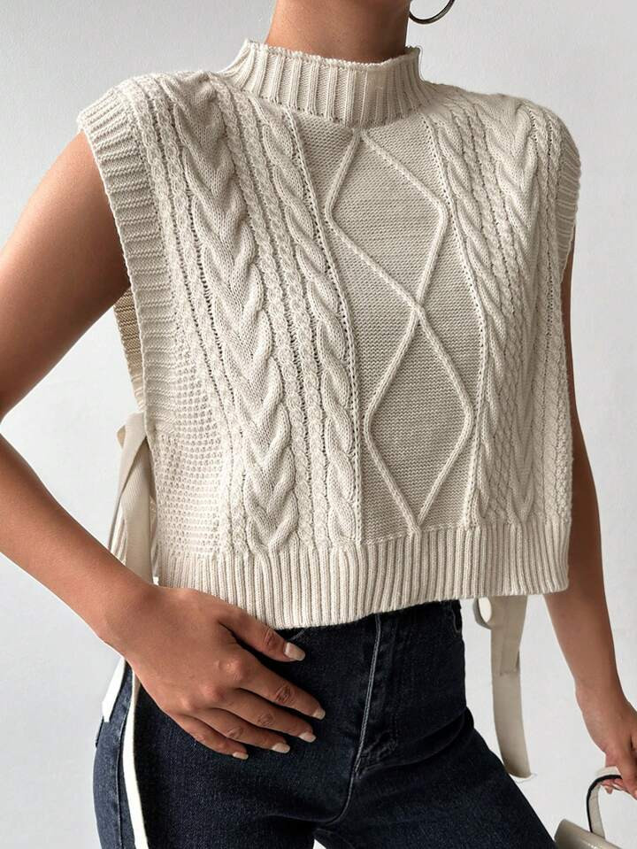 Mock Neck Knot Side Cable Knit Sweater Vest | SHEIN