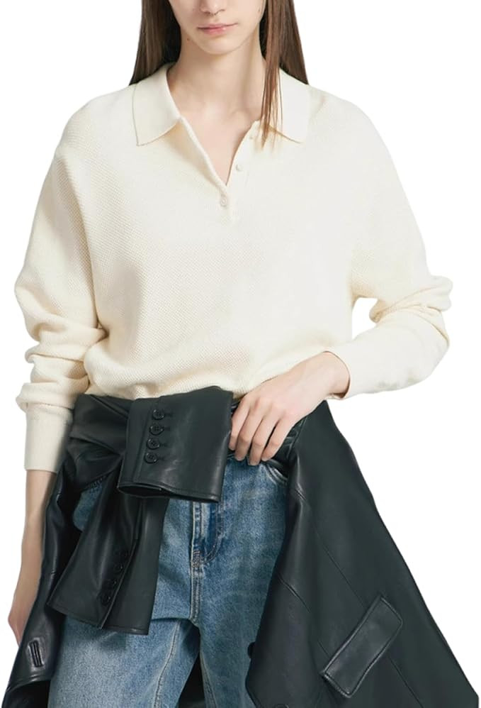 Women's Pullover Knitted Sweater Long Sleeve Polo Shirts Solid Color V-Neck Tops | Amazon (US)