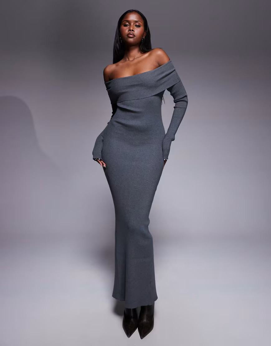 Princess Polly Phylis foldover bardot ribbed knit back split maxi dress in charcoal-Grey | ASOS (Global)