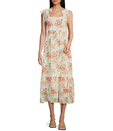 Blu Pepper Floral Print Tie Strap Tiered Midi Dress - L | Dillard's