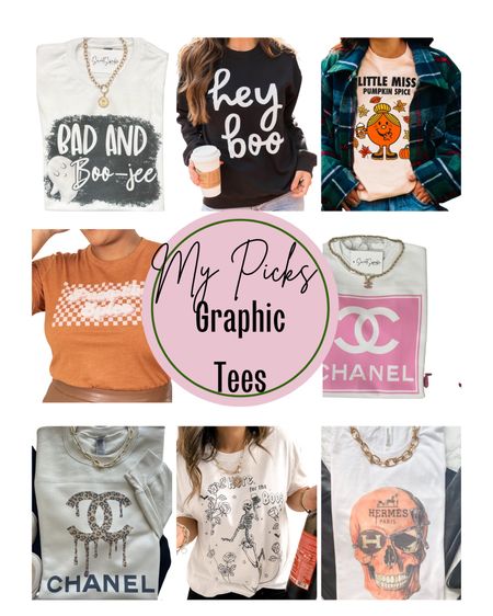 Graphic tee picks, Chanel, hey boo, bad and boojee, little miss pumpkin spice, Hermes graphic 

#LTKSeasonal #LTKstyletip #LTKunder100