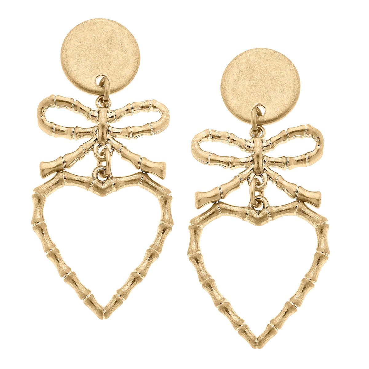 Avie Bamboo Heart & Bow Drop Earrings in Worn Gold | CANVAS