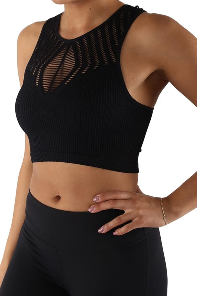 Women's Fashion Yoga Crop Top Comforts Sports Mesh Bra Racer Back Impact | Amazon (US)