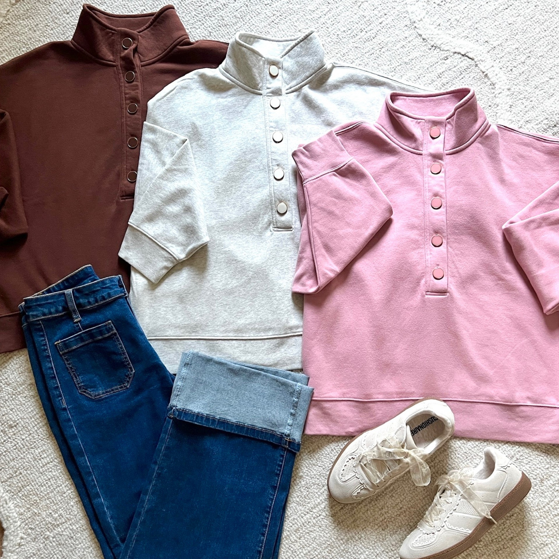 Scroll to shop Viral button pullovers! Size up 1-2 for relaxed fit. Follow us for more!