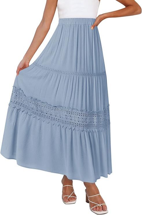 ZESICA Women's 2023 Summer Bohemian Solid Color Lace Trim Flowy A Line Beach Long Maxi Skirt with... | Amazon (US)