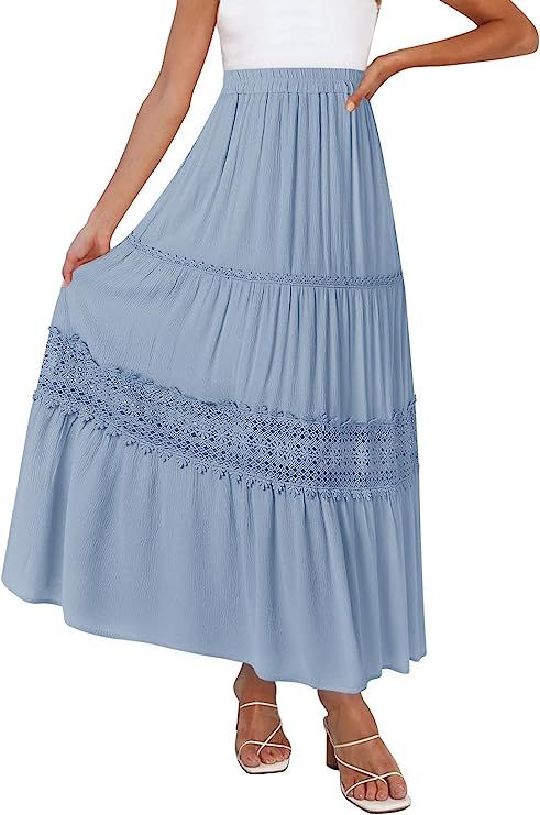 ZESICA Women's 2023 Summer Bohemian Solid Color Lace Trim Flowy A Line Beach Long Maxi Skirt with... | Amazon (US)