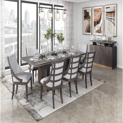 Modern Luxury Brown Finish Dining Set Extension Dining Table and Armchairs Set Gold Tipping Upholstered Dining Kitchen Furniture | Wayfair North America