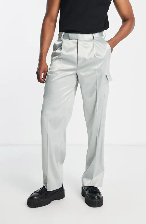 ASOS DESIGN Wide Leg Satin Cargo Pants in Light Green at Nordstrom, Size 3632 | Nordstrom