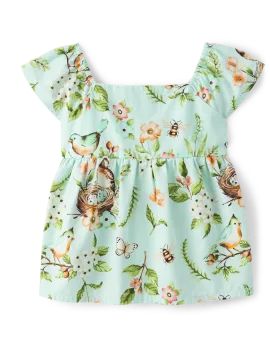 Girls Floral Bird Empire Babydoll Top - Signs of Spring - blue coral | The Children's Place