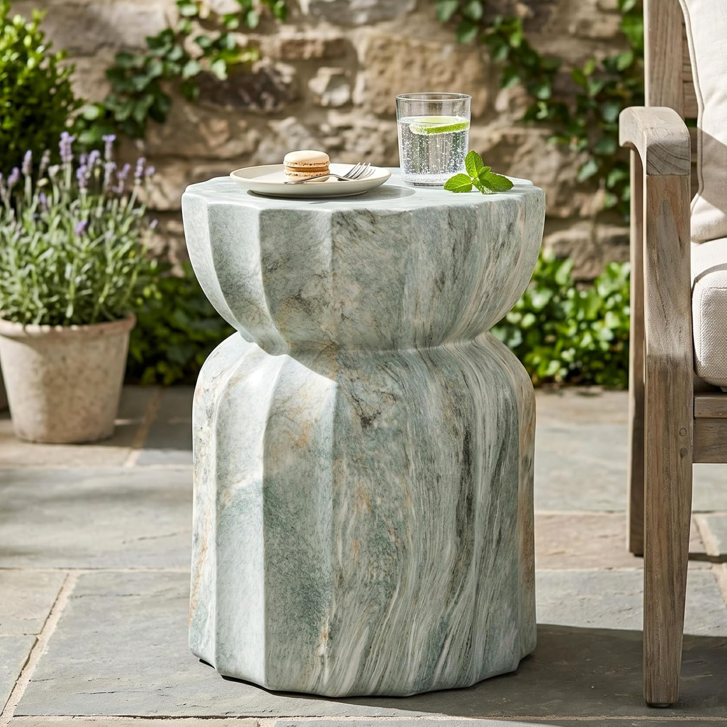 Christopher Knight Home Pippa 18.9 Inch Modern Outdoor MGO Side Table, Weather-Resistant Hourglass Shape Accent Table for Garden, Patio End Table with Sculptural Fluted Design, Green + Marble | Amazon (US)