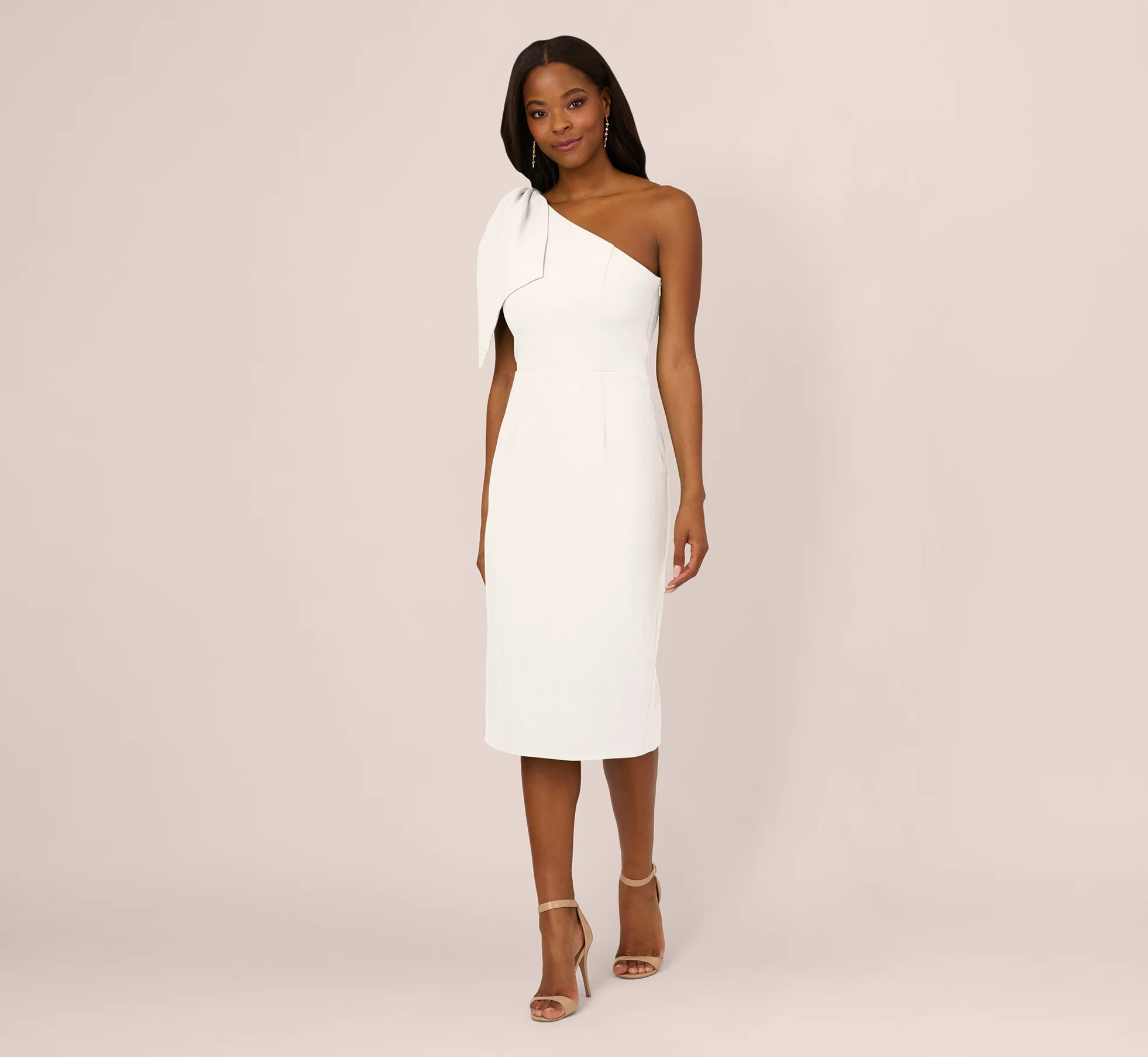 One Shoulder Midi Dress With Bow Accent In Ivory | Adrianna Papell