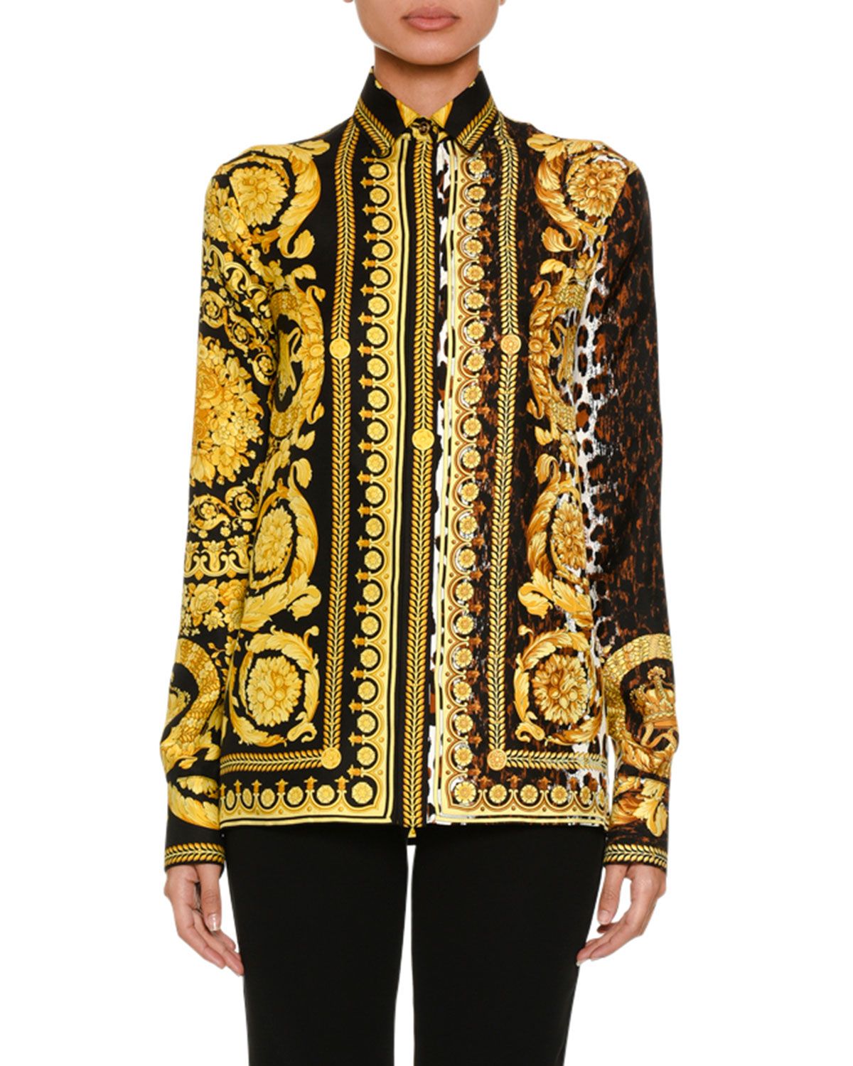 Baroque Leopard-Print Button-Front Silk Twill Blouse | Neiman Marcus