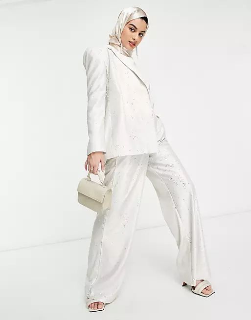 ASOS DESIGN premium sequin wide leg suit pant in cream | ASOS (Global)