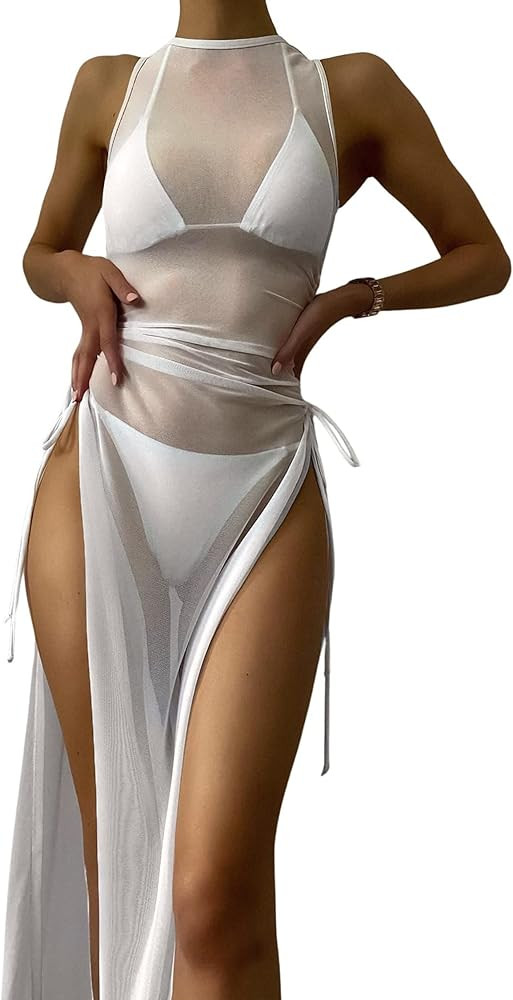 Jumppmile Women's Sheer Mesh Long Sleeve See Through Swimwear Bikini Cover Up Dress | Amazon (US)