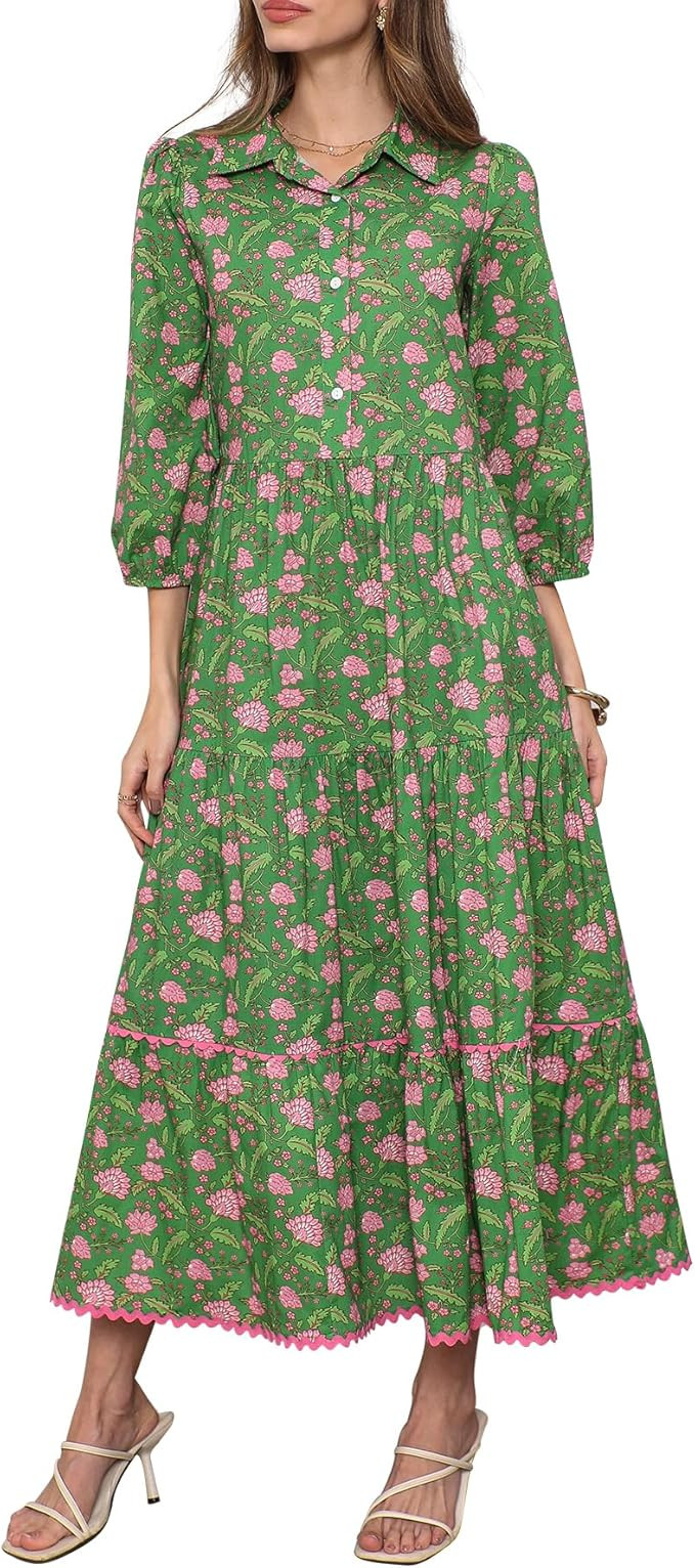 Kedera Womens 3/4 Sleeve Tiered Maxi Dresses Casual Button Down Tie Waist Flowy Shirt Midi Dresse... | Amazon (US)