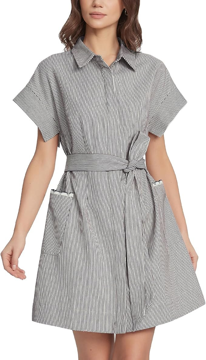 YEXPINE Women's Short Sleeve Striped Mini Shirt Dress Casual Summer Button Down Belted Tunic Dres... | Amazon (US)