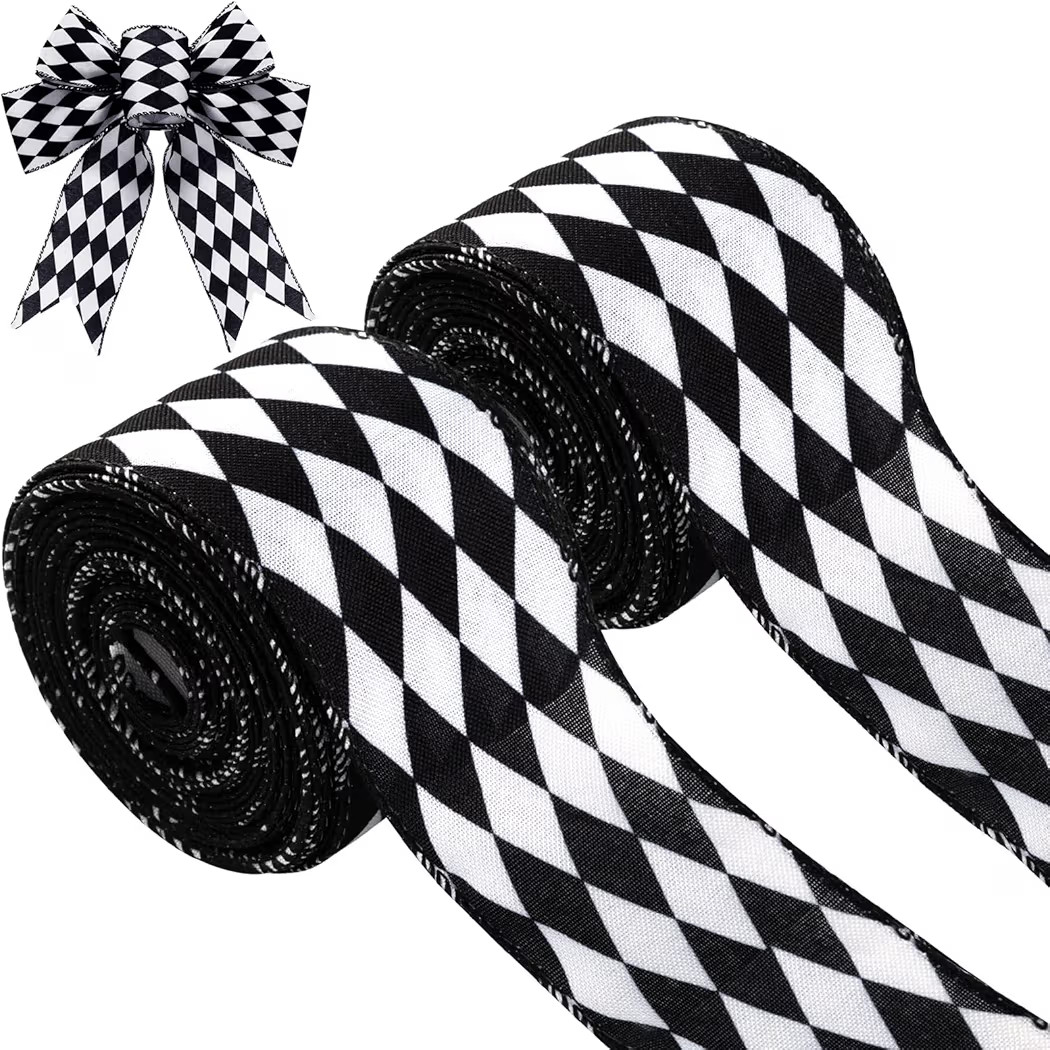 2 Rolls Christmas Checkered Ribbon Black and White Check Ribbon Diamond Check Wired Edge Ribbon D... | Amazon (US)