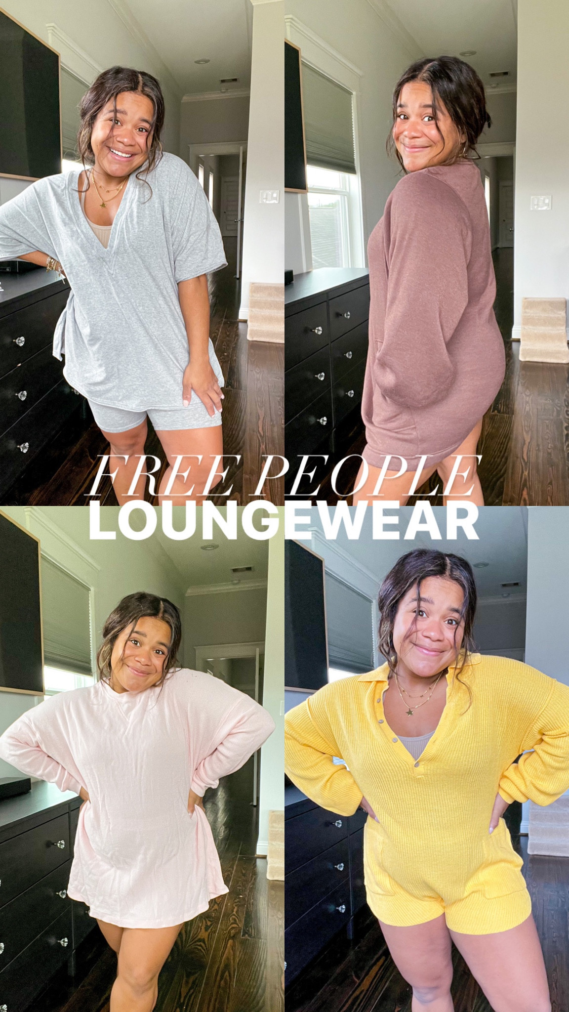 FREE PEOPLE LOUNGEWEAR:
Gray set: small 
Brown sweatshirt dress: XS
Pink Henley: XS
Yellow romper: XS

Postpartum outfits, loungewear

#LTKunder100