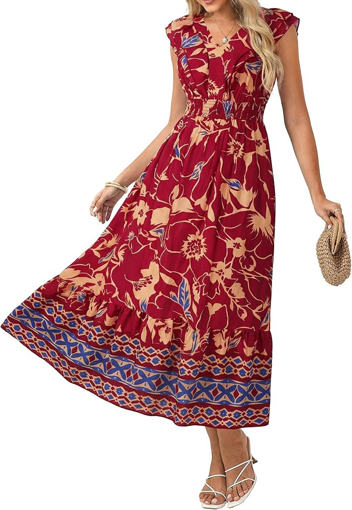 GRACE KARIN Women's 2026 Summer Floral Midi Dress,V Neck Ruffle Cap Sleeve Dresses,Flowy Wedding ... | Amazon (US)