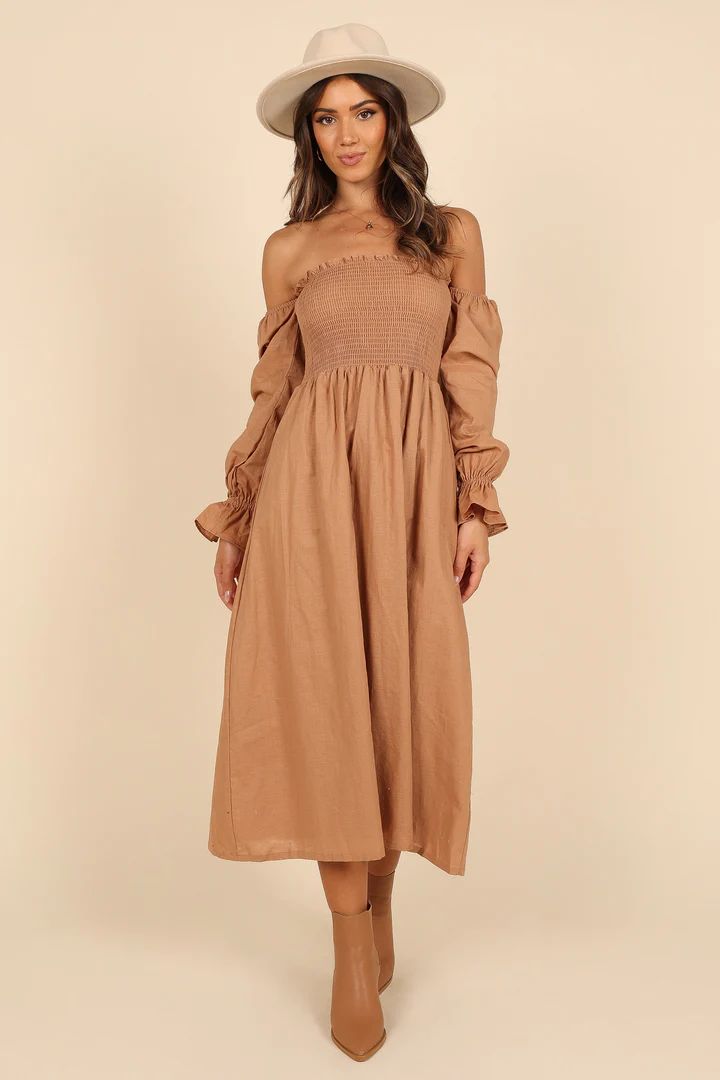 Domenica Shirred Long Sleeve Midi Dress - Tan | Petal & Pup (US)