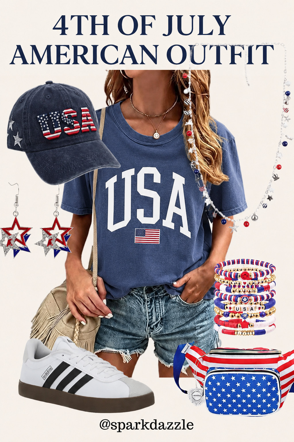 4th of July Outfit Ideas 🇺🇸 | Cute Patriotic Outfit for Women Looking for the perfect 4th of July outfit? This patriotic outfit features a trendy America graphic tee, distressed denim shorts, comfy sneakers, statement star earrings, and festive red, white, and blue accessories. Whether you're headed to a backyard BBQ, fireworks show, parade, lake day, or summer party, this casual Americana outfit is both stylish and comfortable. Save this patriotic fashion inspiration for Independence Day celebrations and summer holiday weekends. #4thOfJulyOutfit #PatrioticStyle #AmericanOutfit #FourthOfJulyFashion #SummerOutfitIdeas #BBQOutfit #PatrioticFashion #RedWhiteAndBlue #AmericaStyle #CasualSummerOutfit #IndependenceDay #USAFashion #HolidayOutfit #DenimShortsStyle #AmazonFashion